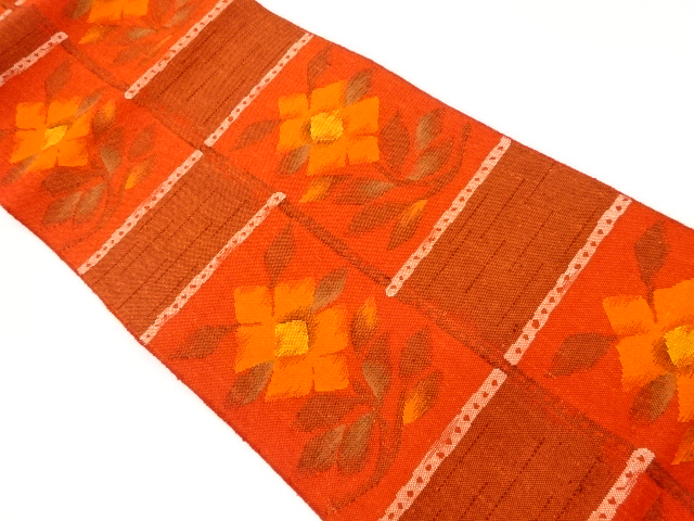 リサイクル　手織り真綿紬変わり格子に花模様織出し名古屋帯